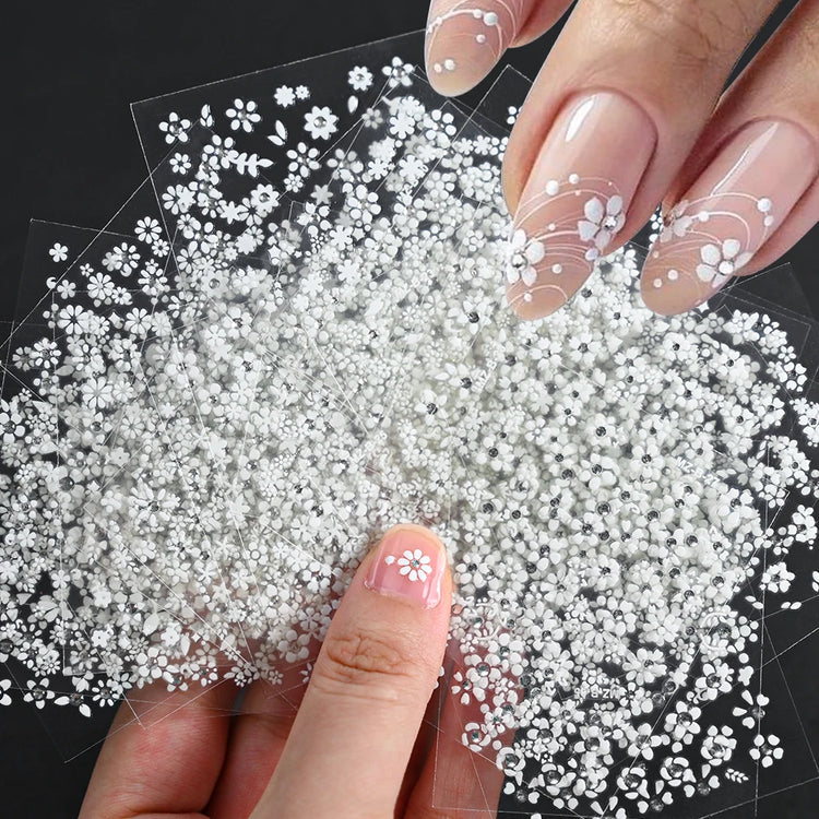 30sheets White Flower Nail Art Stickers 3D Rhinestones Floral Nail Decals 5.5*6.5cm Self Adhesive White Flower Nail Decorations