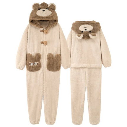 Winter Pajamas Cartoon Bear Costume Pijama Kawaii Adult Couples Kigurumis Sleepwear Jumpsuits Coral Fleece Loose Warm Homewear