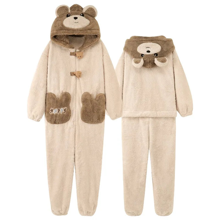 Winter Pajamas Cartoon Bear Costume Pijama Kawaii Adult Couples Kigurumis Sleepwear Jumpsuits Coral Fleece Loose Warm Homewear