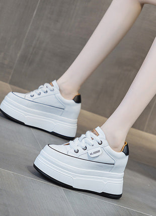 Fujin 9cm 3 inch comfortable platform sneakers for women Genuine Leather Women Vulcanized Shoes Platform High Heels Casual Shoes PlatiNum