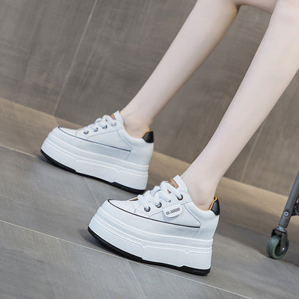 Fujin 9cm 3 inch comfortable platform sneakers for women Genuine Leather Women Vulcanized Shoes Platform High Heels Casual Shoes PlatiNum