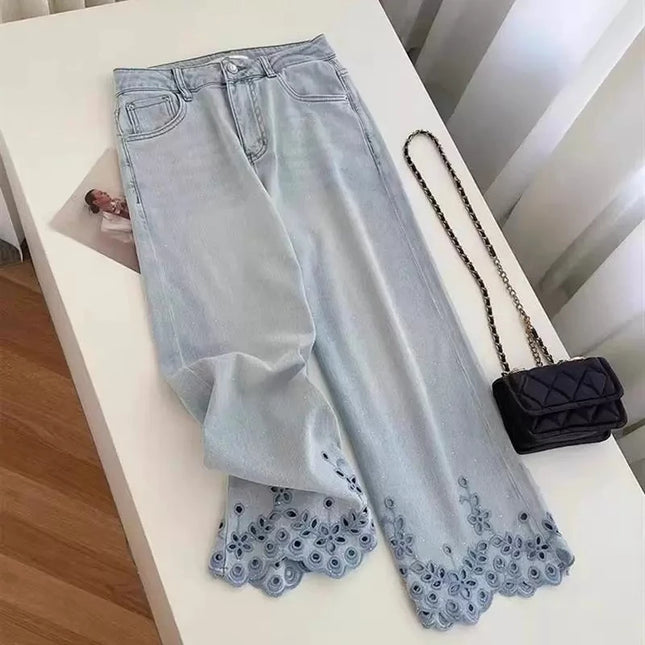 Jeans eleganti di lusso con strass ricamati vuoti allentati Jeans estivi da donna a vita alta pantaloni in denim dritti Y2K Casual Streetwear