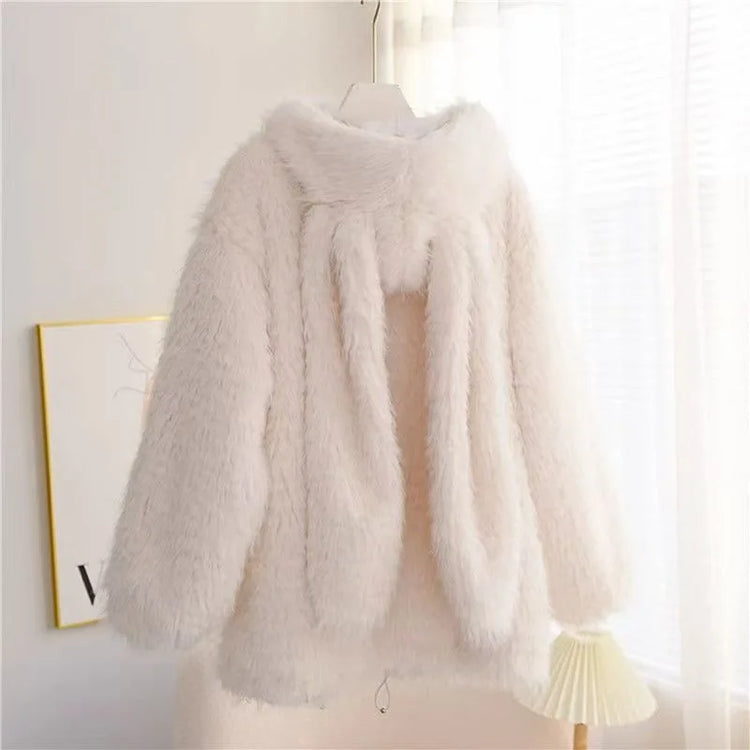 Cute rabbit ear lamb plush coat for women, 2024 autumn and winter new loose and thick hooded sweater, outerwear top