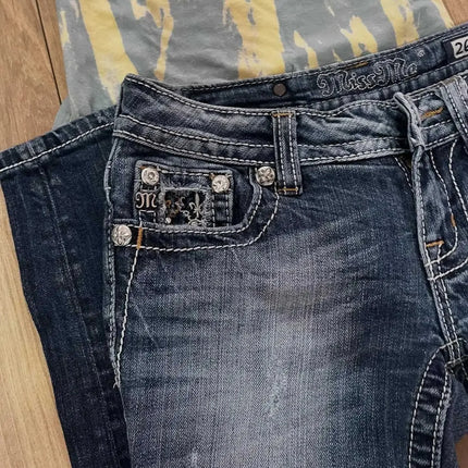 Jeans Boot Cut Retrò Miss Me da Donna, Nuovi Jeans Blu Y2K con Tasche Ricamate, Stile Hip Hop Harajuku Gotico, Pantaloni Larghi Streetwear