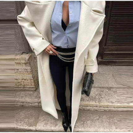 Fashion Solid Women's Wool Coat Lapel Double Breasted Button Long Sleeves Loose Coat Chic 2026 Autumn Winter New Street Wear