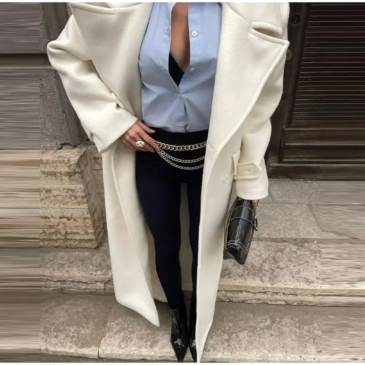 Fashion Solid Women's Wool Coat Lapel Double Breasted Button Long Sleeves Loose Coat Chic 2026 Autumn Winter New Street Wear