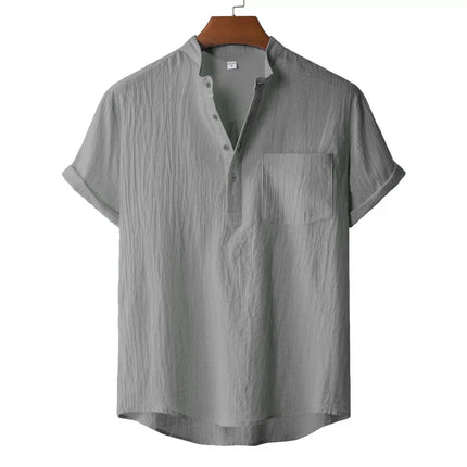 Men's Summer Cotton Linen T-Shirt, Beach Style, Short Sleeve, Henley Neck, for Vacations, Casual, Lightweight, Breathable and Comfortable