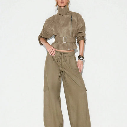 Belt Zipper Top with Waist Cinching American and European Style Streetwear Notched Lapel Thick No Hood Women Autumn Jacket