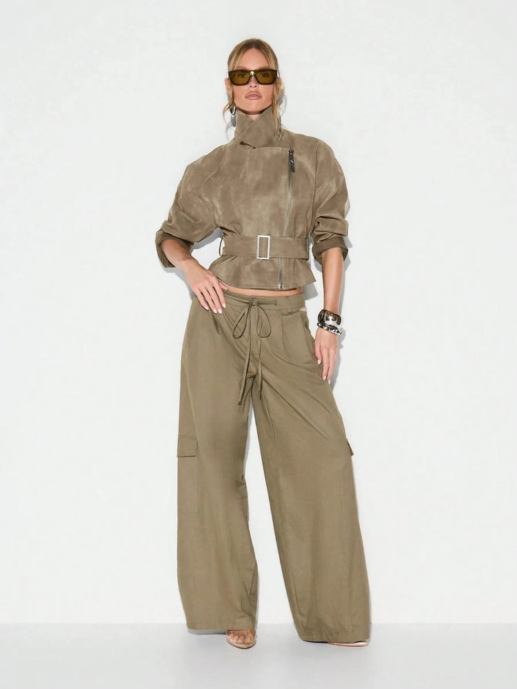 Belt Zipper Top with Waist Cinching American and European Style Streetwear Notched Lapel Thick No Hood Women Autumn Jacket