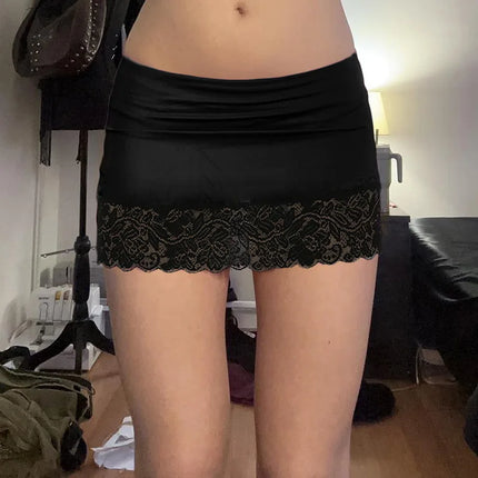 Halbkörperrock mit Sommersaum für Damen mit Spitzennaht und schwarzem, schmalen Halbkörperrock, sexy Disko-Hottie-Minirock-Kleid mit transparentem Unterrock
