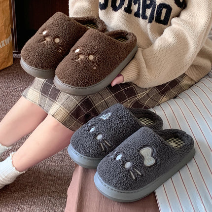 Cute Cat Winter Warm Slippers Women Men Fluffy Plush Home Shoes Red Bowknot Plaid Lining Indoor Bedroom Cotton Slides Mules New