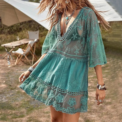 Camicia Estiva con Scollo a V, Protezione Solare, Ampia e Casual, Copricostume da Spiaggia per Vacanze e Bikini per Donne platinumshop