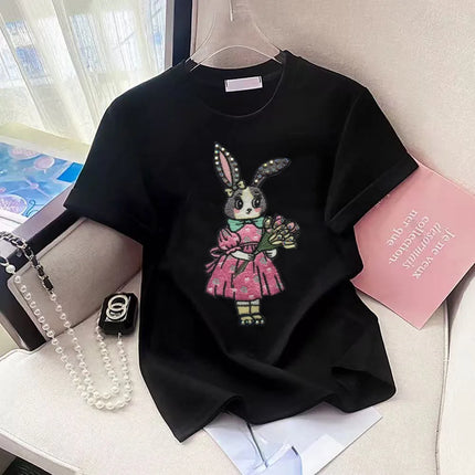 T-shirt da donna a maniche corte girocollo casual con stampa cartoon, oversize, stile Y2K, patchwork, con strass, moda estiva