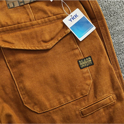 Retro heavy simple cargo pants men's loose straight leg casual pants pure cotton twill woven 3D vertical cut cone pants