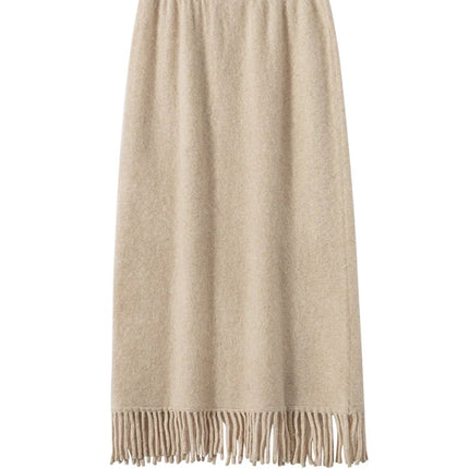 Women's Tassels Long Skirts Autumn Winter 100% Cashmere Knitwear Soft Warm Retro Casual Clothing Versatile Hide Fat Make Slim PlatiNum