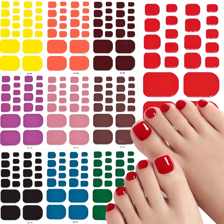 22Tips Red Christmas Baking Free Toenail Sticker Glossy Solid Color Self-adhesive Toe Nail Strips Festival Full Cover Foot Wraps2028