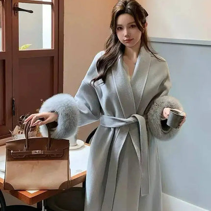 BJTZ Fox Fur Classic Long Double-Sided Pure Wool Coat For Women 2025 New Autumn Winter High-End Woolen Jacket