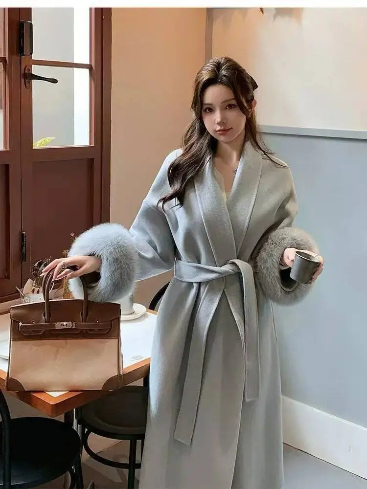 BJTZ Fox Fur Classic Long Double-Sided Pure Wool Coat For Women 2025 New Autumn Winter High-End Woolen Jacket