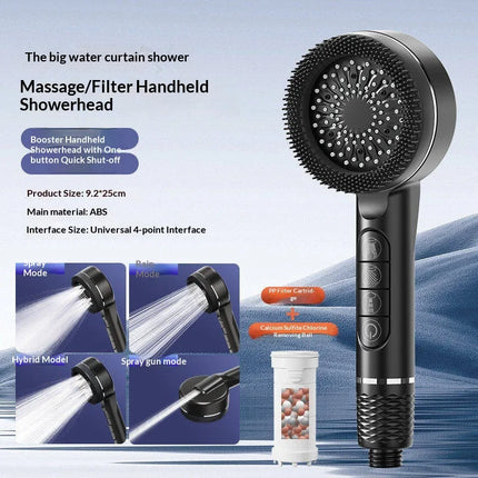Soffione doccia autopulente a 4 modalità con spazzola in silicone, arresto acqua con un tasto, massaggio ad alta pressione, soffione in ABS con filtro