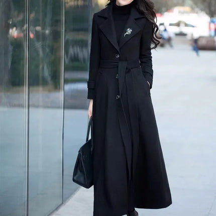 New Women's Spring Autumn Winter Woolen Coat Slim  Long Over The Knee Lining Woolen Windbreaker Outerwear Match Belt Female