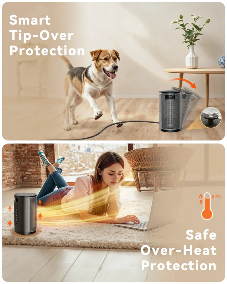 Portable Electric Heater 1500W PTC Ceramic Space Heater 10inch Instant Warmth Quiet Air Blower Fan V0-Grade Fireproof Materials Overheat Protection Tilting Protection Home Appliance for Bedroom Office Desk Indoor