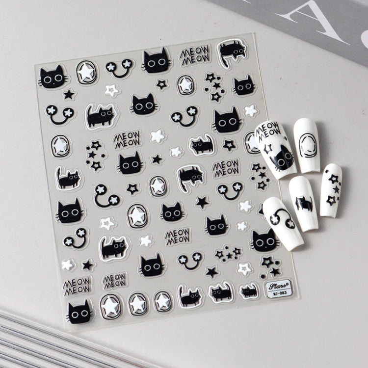 Cute Black Cat Nail Stickers Decals 5D Embossed Kawaii Cat Flowers Star Nail Art Decoration Cute Cartoon Sliders Summer Manicure