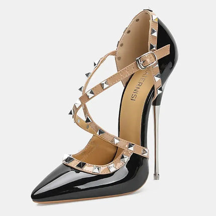 Sandali con tacco alto da donna con cinturino incrociato con rivetti Scarpe singole sexy con punta a punta per discoteca Modello di ospite di festa Passerella Cross Dressing platinumshop