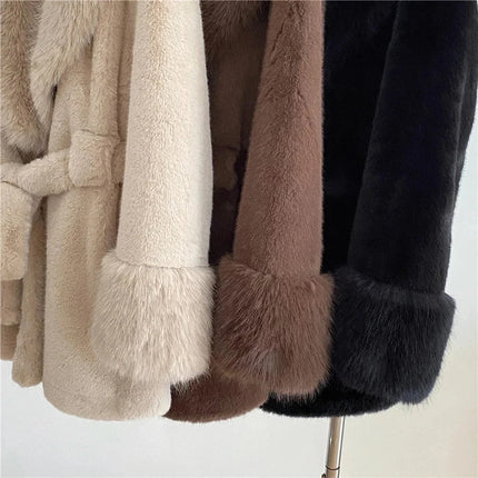 Winter Luxury Women Faux Furs Jackets Coats With Belt Elegant Waist Hugging Slimming Fur Big Collar Thickened Warm Outerwear