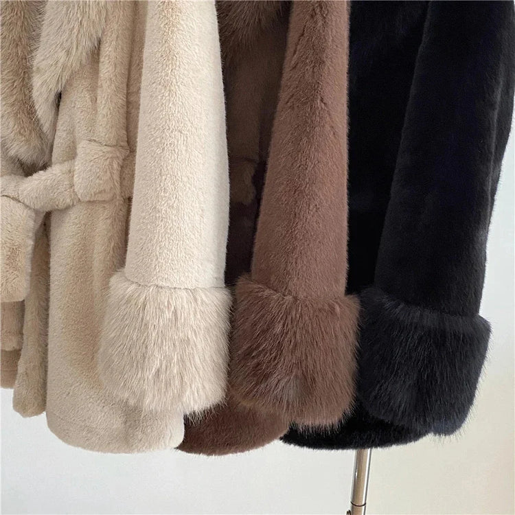 Winter Luxury Women Faux Furs Jackets Coats With Belt Elegant Waist Hugging Slimming Fur Big Collar Thickened Warm Outerwear