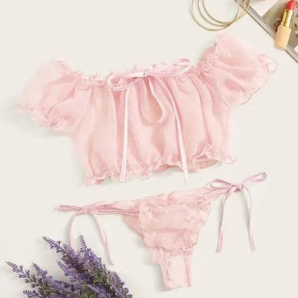Mesh Dot Printed Off Shoulder Transparent Ruffle Bralette Bra and Panty Thong Underwear Sets Women's Sexy Lingerie Intimates