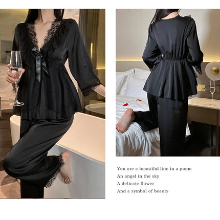 Set di indumenti da notte per la casa in raso di pizzo e pizzo da donna, pantaloni con top in pizzo dolce a V profondo, due pezzi di vestiti per la casa di grandi dimensioni bianco nero viola