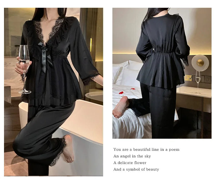 Set di indumenti da notte per la casa in raso di pizzo e pizzo da donna, pantaloni con top in pizzo dolce a V profondo, due pezzi di vestiti per la casa di grandi dimensioni bianco nero viola