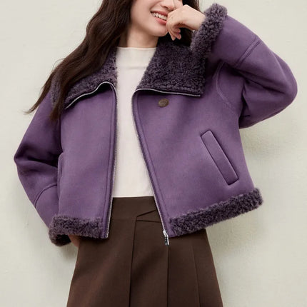 SENTUBILA Women's Faux Suede Coat Plush Lapel Zipper Faux Leather Cropped Jacket 2026 Winter Retro Ladies Outerwear W54PD5913