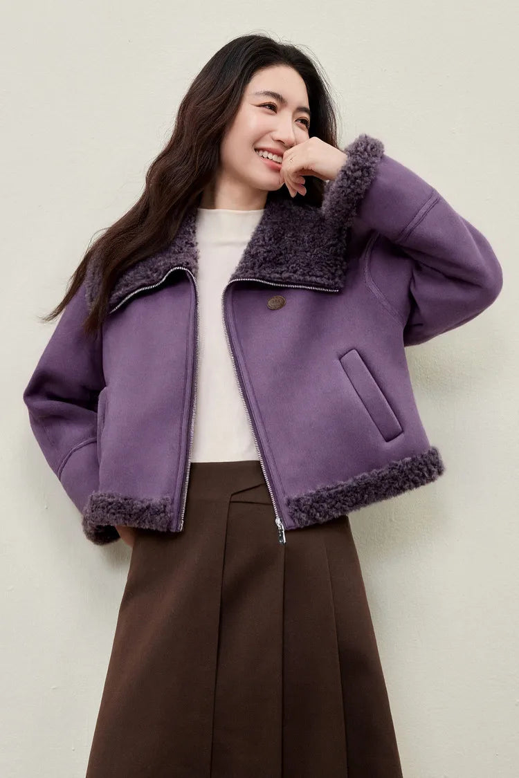 SENTUBILA Women's Faux Suede Coat Plush Lapel Zipper Faux Leather Cropped Jacket 2026 Winter Retro Ladies Outerwear W54PD5913