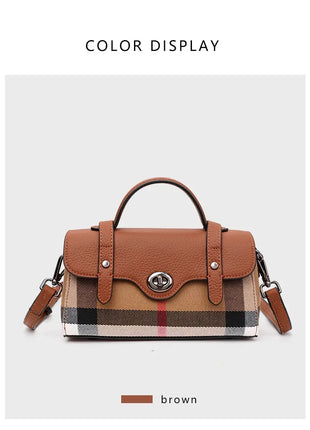 Borsa Mini Boston a Righe e Quadri in Tessuto con Finiture in Ecopelle, Chiusura a Giro e Torsione, Design con Patta, Borsa a Mano da Donna, a Tracolla, Portamonete