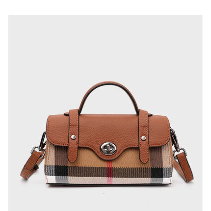 Borsa Mini Boston a Righe e Quadri in Tessuto con Finiture in Ecopelle, Chiusura a Giro e Torsione, Design con Patta, Borsa a Mano da Donna, a Tracolla, Portamonete