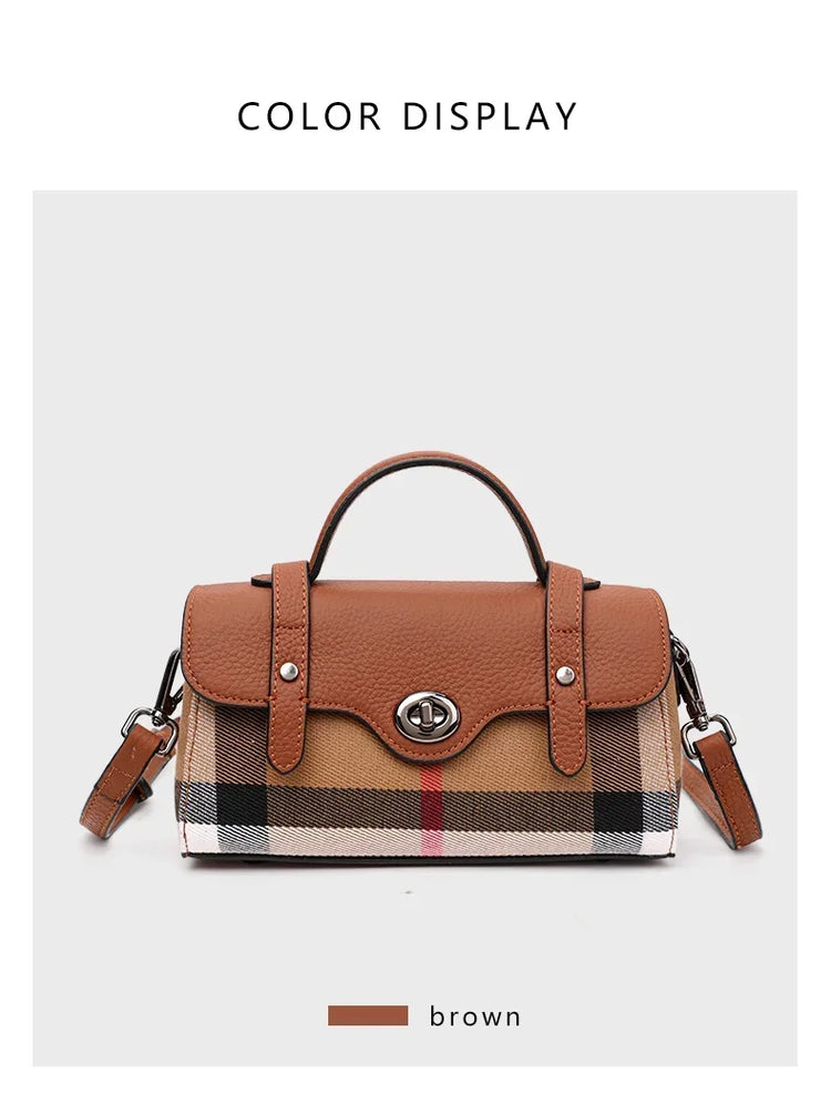 Borsa Mini Boston a Righe e Quadri in Tessuto con Finiture in Ecopelle, Chiusura a Giro e Torsione, Design con Patta, Borsa a Mano da Donna, a Tracolla, Portamonete