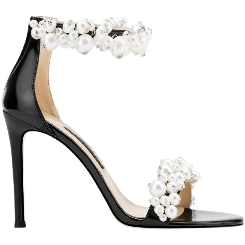 Summer new leather pearl ribbon sexy open-toe wedding shoes thin high-heeled banquet dress small size bag heel women's sandals