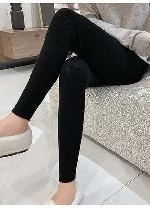Autumn Winter Women Wool Thickening Leggings High Waist Ribbed Vertical Stripe Casual Knitted Leggings Warm Wear out Pantyhose PlatiNum