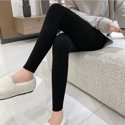Autumn Winter Women Wool Thickening Leggings High Waist Ribbed Vertical Stripe Casual Knitted Leggings Warm Wear out Pantyhose PlatiNum