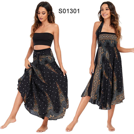 Boho Gonne Donna Rayon Beach Abito lungo Estate Bohemian Jupe Longue Femme Elastico in vita Stampa Fasciatura floreale Halter Hippie platinumshop