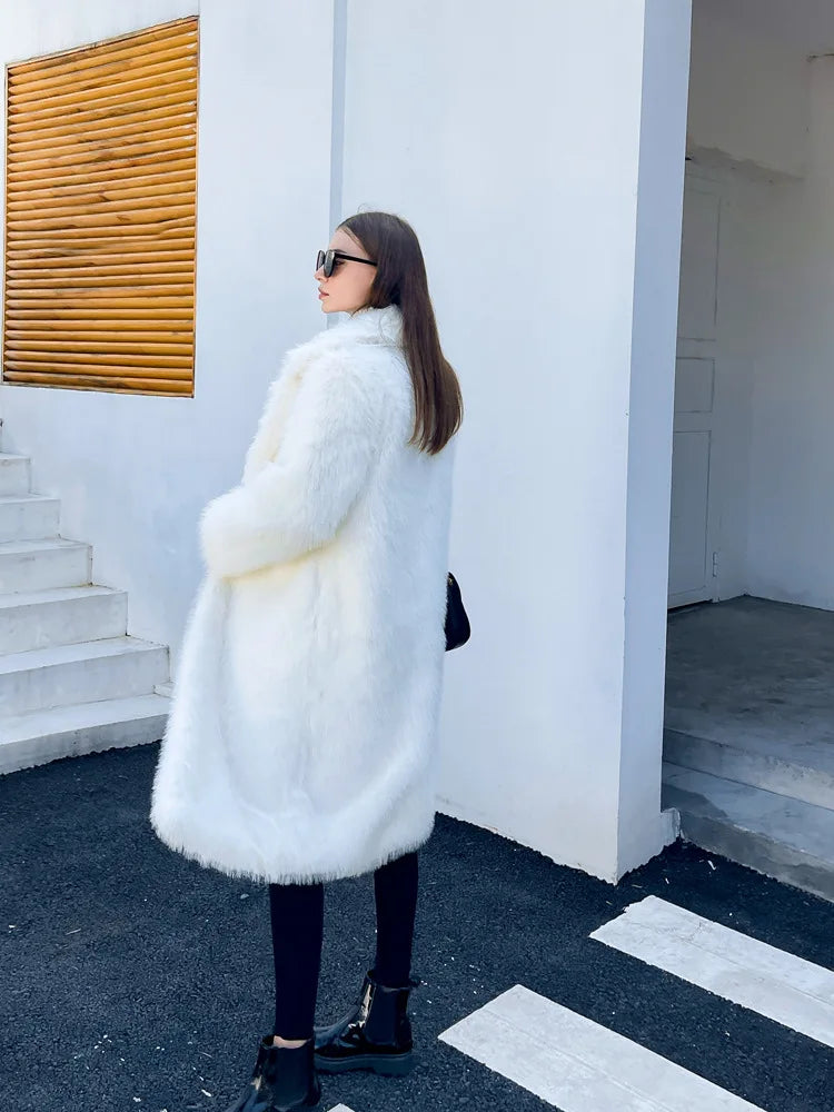 ZADORIN Winter Fluffy Jacket Women Solid Lapel Long Faux Fox Fur Coat Ladies Furry Warm Pink White Jacket Trench Coats Tops