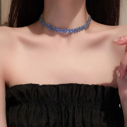 Luxury Shiny Full Rhinestone Choker Necklace for Women Personalized Geometric Crystal Necklaces Wedding Jewelry Party Gifts PlatiNum