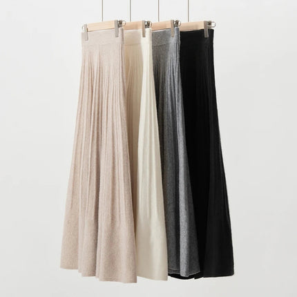 New Arrivals Women Cashmere A-line Skirt Elastic Waist Pleated Skirt 100% Cashmere Knitted Autumn Winter Thin Office Lady Dress PlatiNum