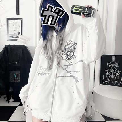 Original Print Subculture Dark Loose Cat Ear Distressed Hooded Sweatshirt Jacket Zip Up Hoodie Oversized Hoodie