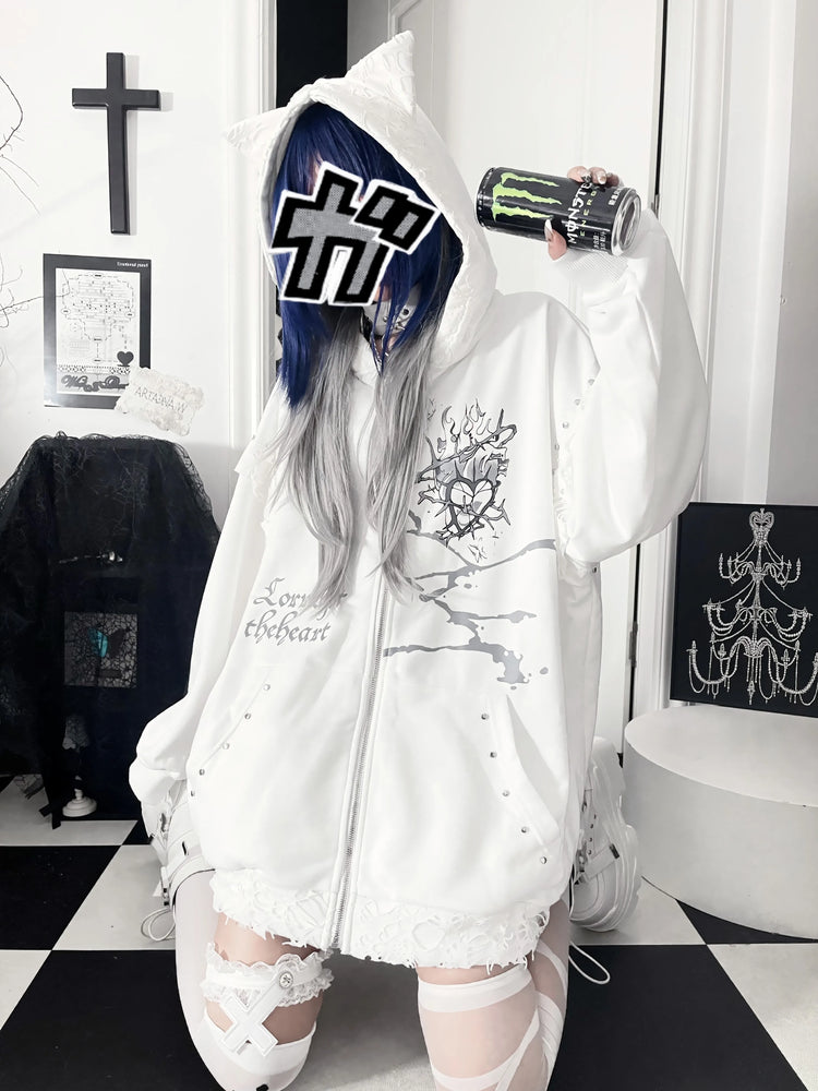Original Print Subculture Dark Loose Cat Ear Distressed Hooded Sweatshirt Jacket Zip Up Hoodie Oversized Hoodie