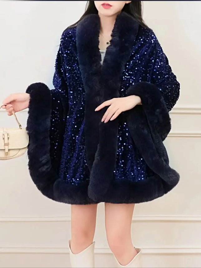 ZADORIN Fashion Sequins Long Furry Warm Faux Fur Coat Woman Autumn Winter Fur Cape Ponch Wedding Party Fur Shawl Cloak Cardigans