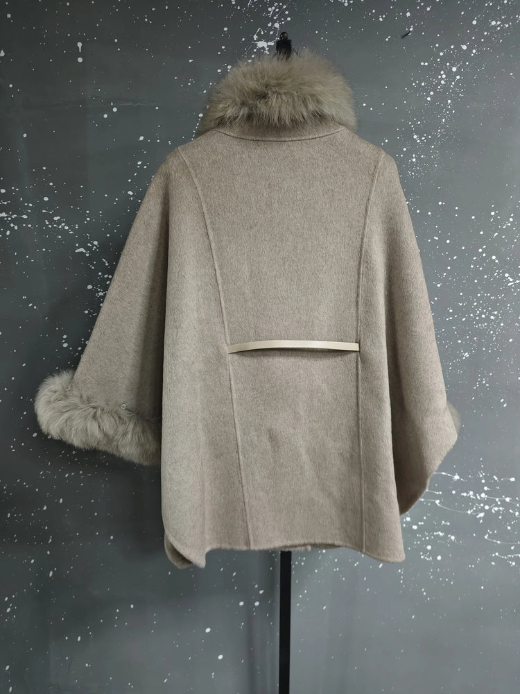 UCXQ Korean Style Two Sided Cloak Overcoat For Women Fur Collars Belt Loose Long Coats 2025 Winter New 23Z2284