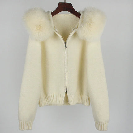OFTBUY Real Fox Fur Kintwear Women New Spring Autumn Hooded Sweater Female Loose Zipper Kintted Jacket Oversized Cardigan
