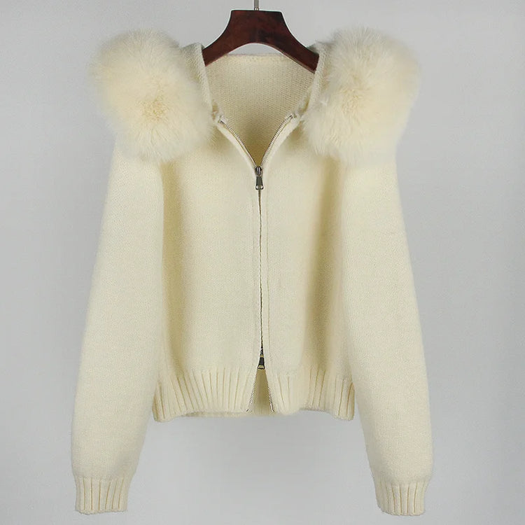 OFTBUY Real Fox Fur Kintwear Women New Spring Autumn Hooded Sweater Female Loose Zipper Kintted Jacket Oversized Cardigan